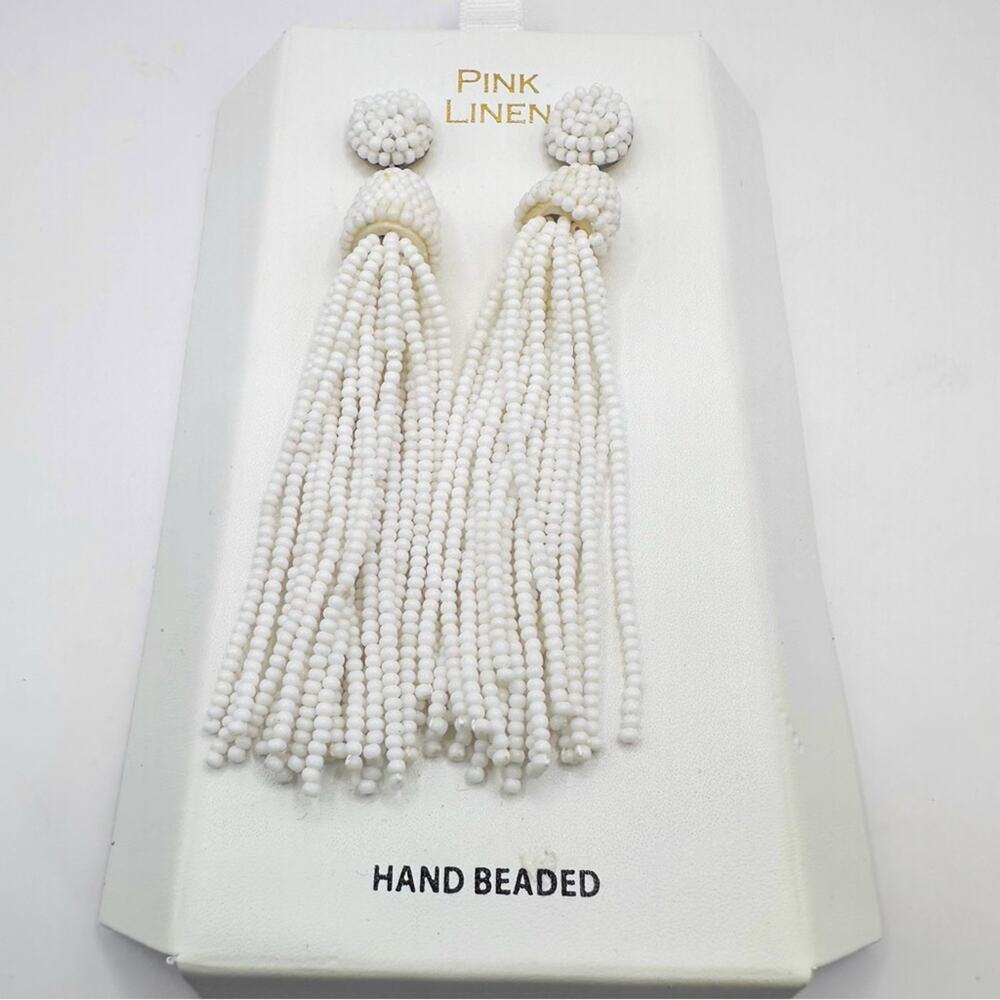 Pink Linen White Tassel Earrings NWT Seed Beads Dangle Jewelry Hand Beaded - Picture 16 of 16